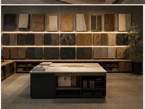 Concept render of a lit material library wall with stone and veneer samples above a central work island