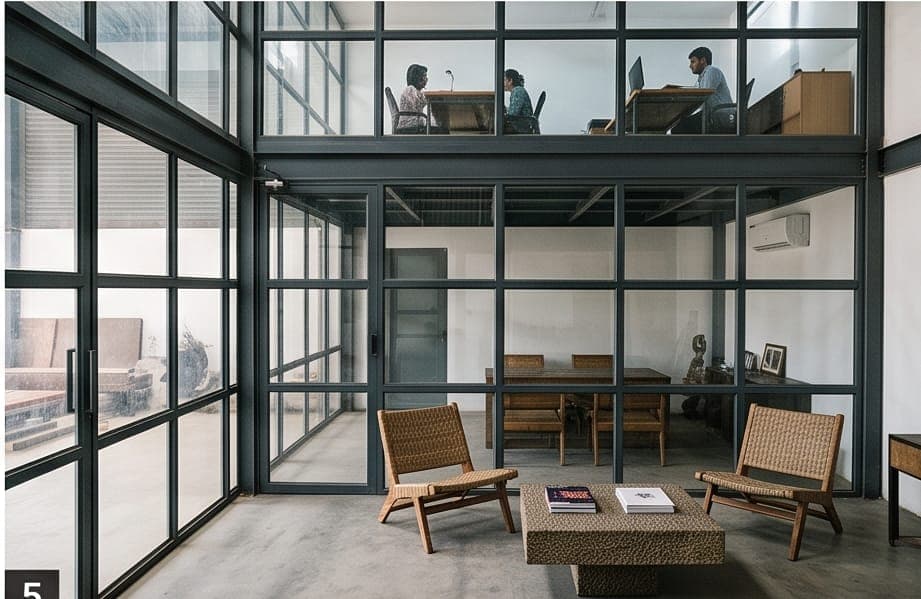 Concept render of a glazed mezzanine office overlooking a workshop floor