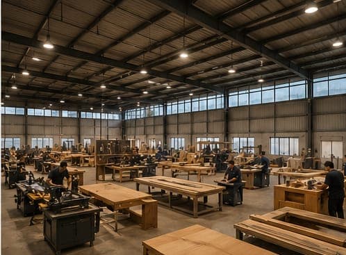 Concept render of an open workshop floor with benches and timber assemblies in progress