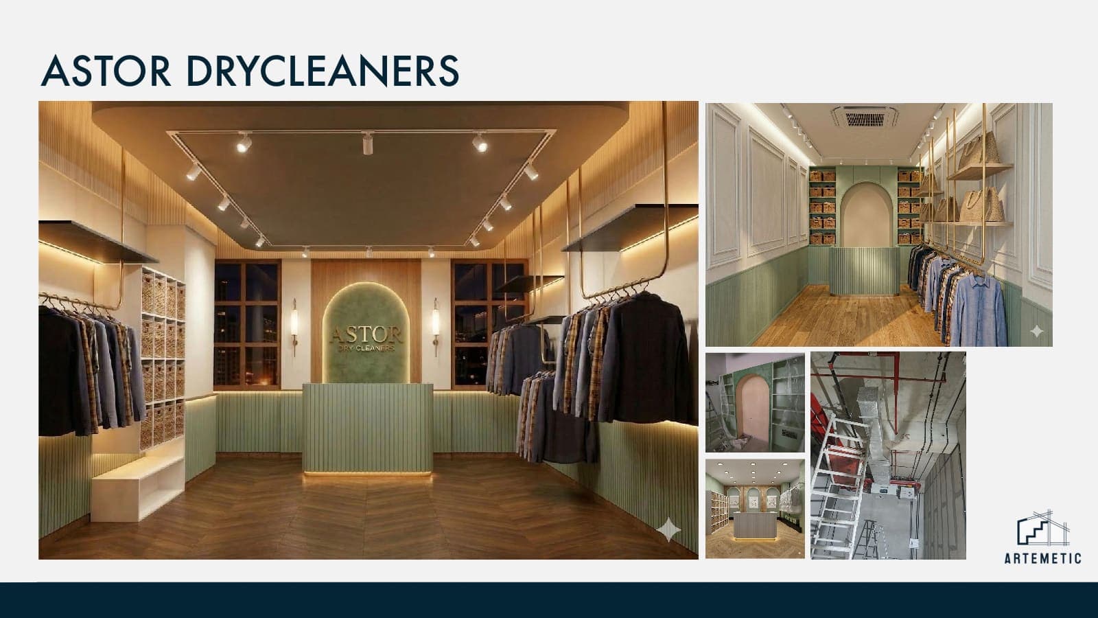 Premium-segment retail rollout for Astor Drycleaners, one of Gurgaon's largest drycleaning brands — multi-site interior design and execution by Artemetic