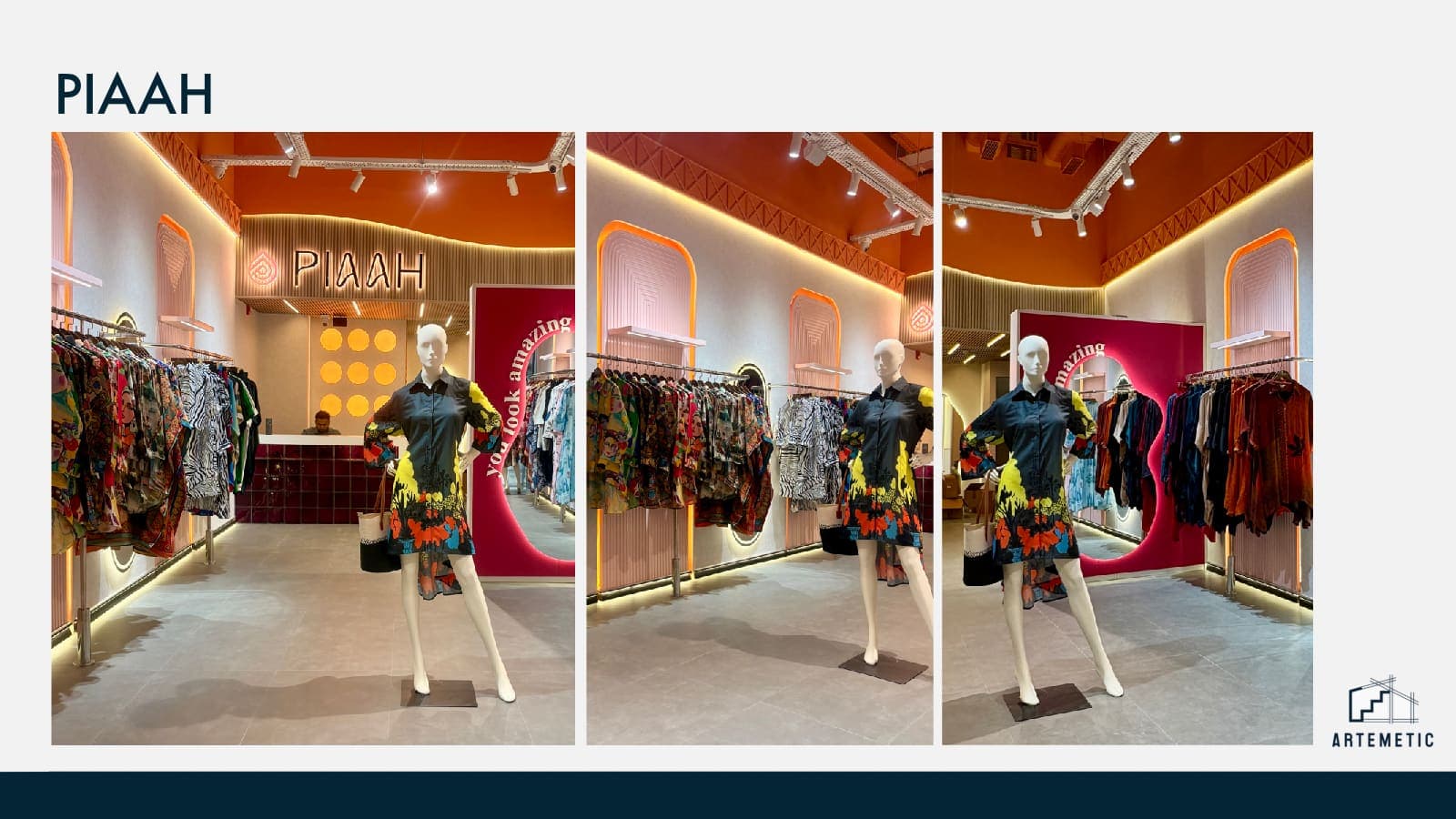 Custom retail finishes inside Piaah — a 1,000 sqft fashion outlet for an emerging Gurgaon clothing brand, built by Artemetic