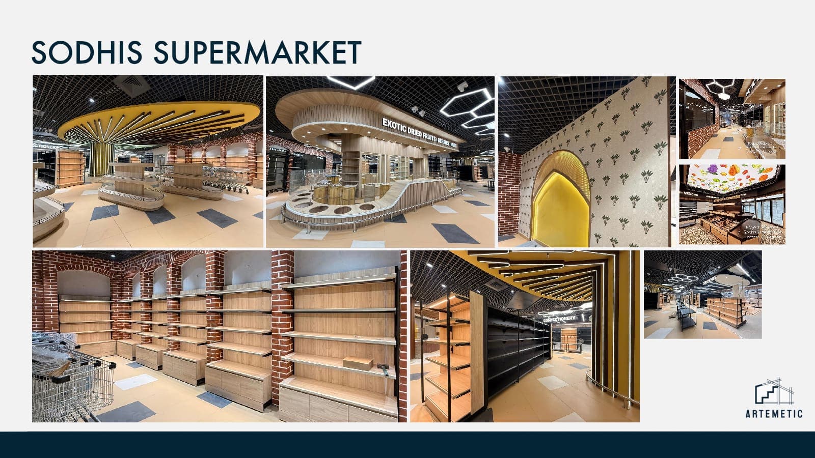 Custom curved-wood ceiling and central-tree millwork inside Sodhi's Supermarket — an 11,000 sqft upmarket Gurgaon supermarket fitout by Artemetic